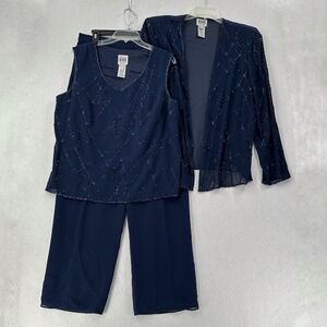 R&M Richards 3-Piece Chiffon Sheer Jacket Beaded Pant Suit 18 Wedding Formal